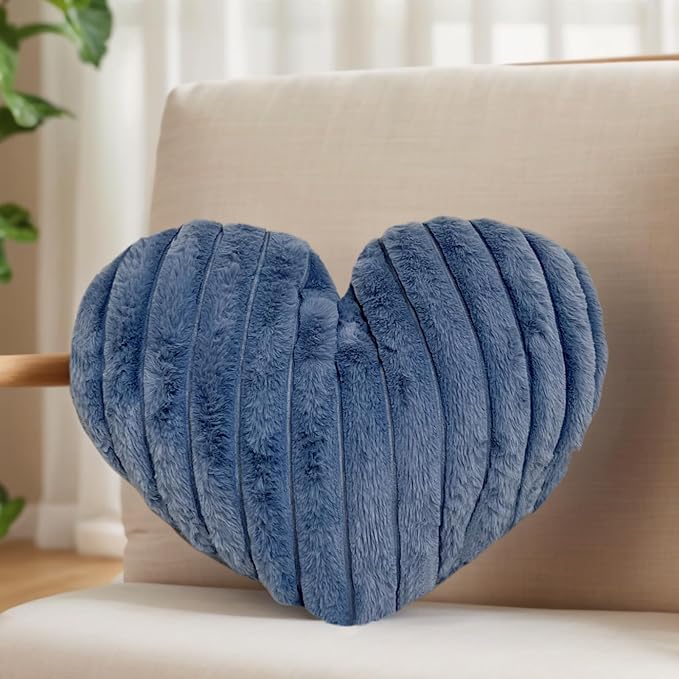 16 Inch Blue Heart Pillow Cute Soft Decorative Throw Pillows, Heart Shaped Fluffy Faux Fur Pillows Cushions for Couch Bed Bedroom Room Home Decor Aesthetic (1, Blue, Medium-16 x13)