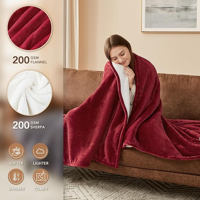 Homemate Electric Heated Blanket Twin Size - 62"x84" Heating Blanket Twin Size 1/2/4/6/8 Hours Auto-Off 10 Heat Level Over-Heat Protection Flannel Sherpa ETL Certification