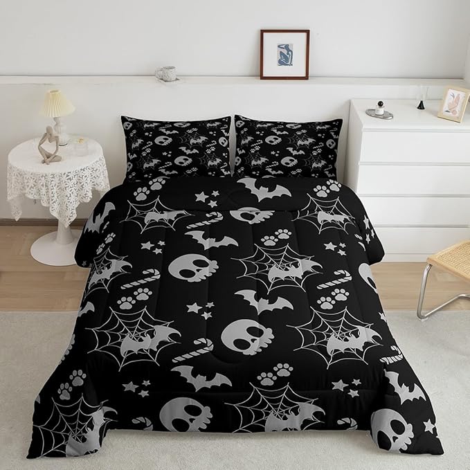 Erosebridal Cute Gray Halloween Bedding Set Full Size Spider Web Skull Bat Comforter Set Spooky Goth Gothic Animal Bed Sets Horror Halloween Duvet Quilt Sets for Kids Teens Adults