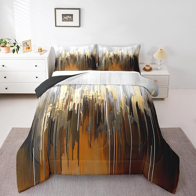 Erosebridal Brown Bedding Twin Ombre Abstract Comforter Set, Brush Marks Gradient Bedding Comforter Sets Contemporary Golden Metallic Duvet Insert, Watercolor Stripe Aesthetic Down Comforter