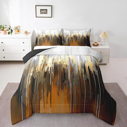 Erosebridal Brown Bedding Twin Ombre Abstract Comforter Set, Brush Marks Gradient Bedding Comforter Sets Contemporary Golden Metallic Duvet Insert, Watercolor Stripe Aesthetic Down Comforter