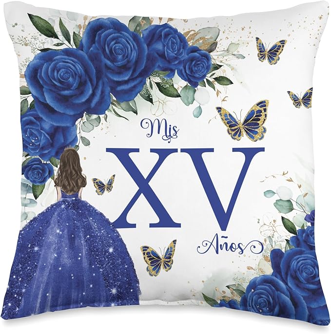 Royal Blue Roses Floral Quinceañera Mis XV Años Throw Pillow Throw Pillow