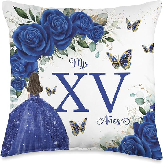 Royal Blue Roses Floral Quinceañera Mis XV Años Throw Pillow Throw Pillow