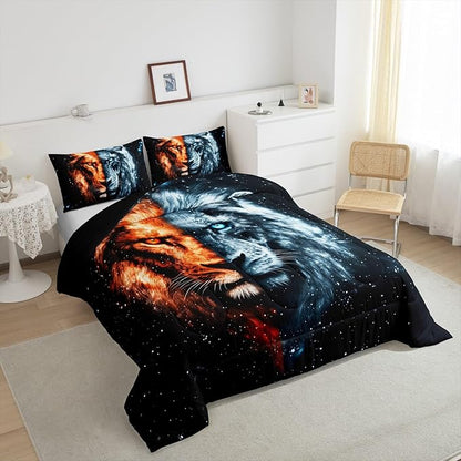 Gothic Lion Comforter King,African Wildlife Exotic Animal Quilt Comforter with 2 Pillowcases,Galaxy Animal Mystery Starry Sky Bedding Set Comfortable,Soft and Breathable