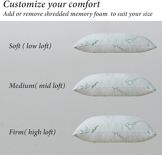 Memory Foam Pillows Queen Size set of 2, Shredded Memory Foam Bed Pillow for Sleeping, Adjustable Fluffy Pillow with Cooling Breathable Cover for All Sleepers, Hotel Quality Rest Pillow Queen 2 Pack