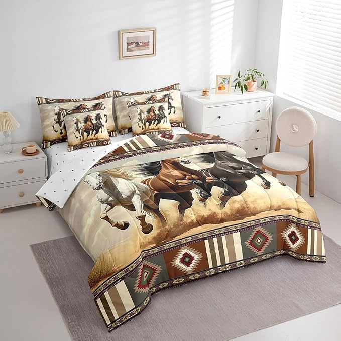 Erosebridal Horse 7 Piece Bedding Set Full Size,Southwestern Aztec Bed in a Bag,Ethnic Mexican Bed Set Includes Comforter, Sheet Set, Pillowcases & Pillow Covers All Season Bedroom Decor