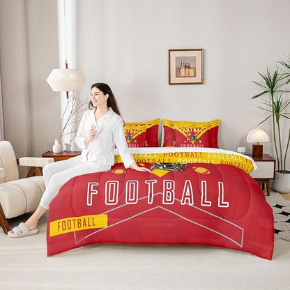 Feelyou Football 7 Pieces Comforter Sets King Size Rugby Sports Bedding Set for Boys Kids Teen Sports Theme Bed in a Bag with Comforter, Sheets, Pillowcases & Cushion Cover