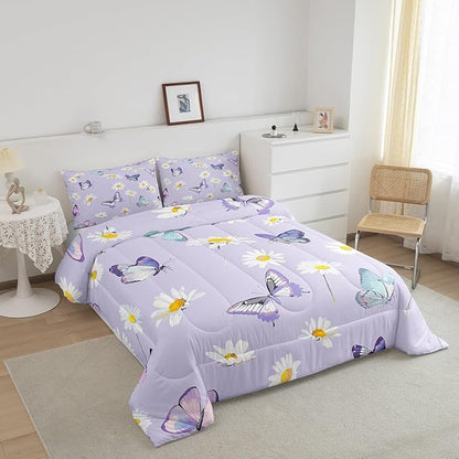 Manfei Purple Comforter Set King Size, Daisy Flower Butterfly Bedding Set 3pcs for Kids Boy Girls Room Decor, Botanical Garden Artwork Quilt Set Soft Polyester Duvet Set with 2 Pillowcases