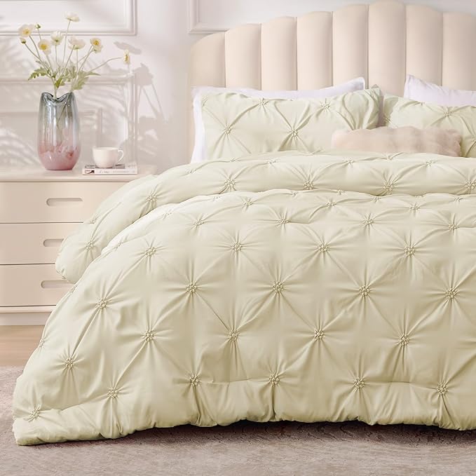 BEDELITE Beige King Size Comforter Set - 3 Pieces Boho Pintuck Bedding Comforter Sets, Lightweight Soft & Warm King Bedding Set with 2 Pillowcases for All Season