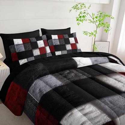 7 Piece Black White Red Checkered King Size Comforter Set with Sheets，King Size Quilt Bedding Set Checkered，(1 Comforter, 1 Flat Sheet, 1 Fitted Sheet, 2 Pillowcase and 2 Pillow Sham)