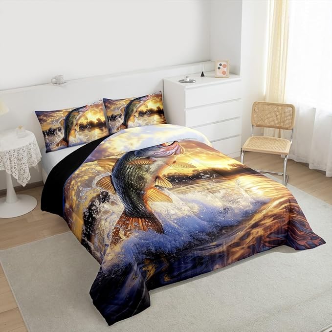 Erosebridal Fishing Theme King Bedding Set - Big Bass Pike Fish Comforter Set for Boys Kids Men | Farmhouse Lake House Quilt | Fisherman Hunting Bedroom Decor with 2 Pillowcases