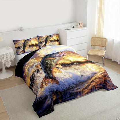 Erosebridal Fishing Theme King Bedding Set - Big Bass Pike Fish Comforter Set for Boys Kids Men | Farmhouse Lake House Quilt | Fisherman Hunting Bedroom Decor with 2 Pillowcases