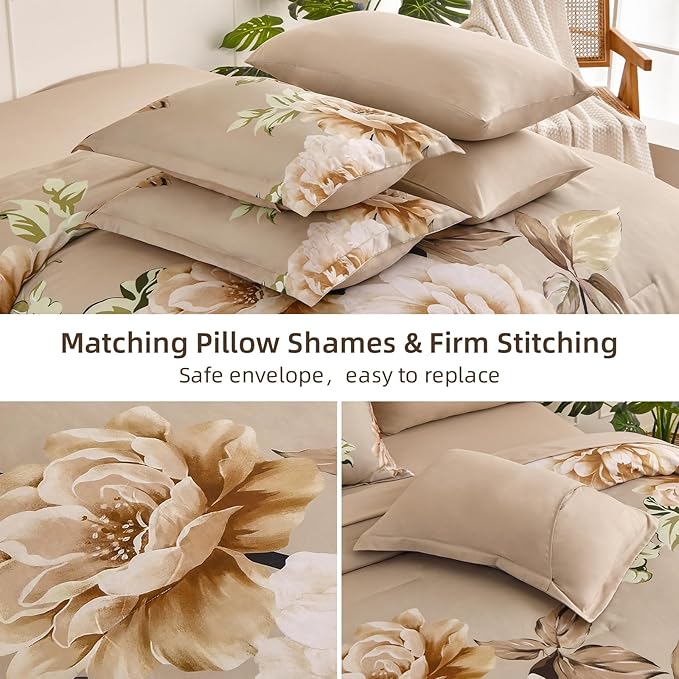 Drucon Floral Comforter Set King Size 7 Pieces Bed in a Bag, Khaki Floral Bedding Set, Soft Microfiber Comforter and Sheet Set for All Season (King, 104"x90")