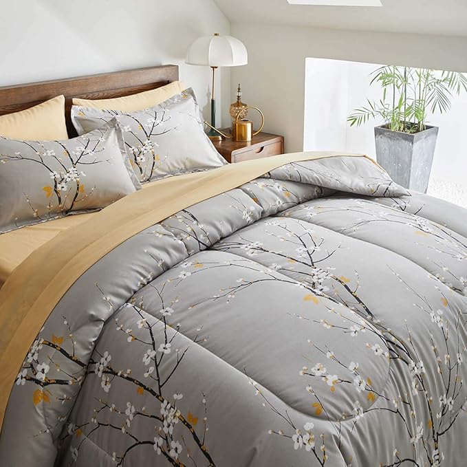 Gray Comforter Sheet Set Bed in a Bag 6 Pieces Twin Size Tree Branch Bloom Flower Spring Summer Bedding Set (1 Comforter 2 Pillow Shams 1 Tan Flat Sheet 1 Fitted Sheet 1 Pillowcases)