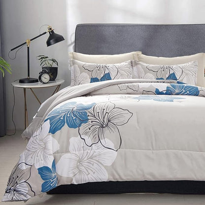 Menghomeus California King Comforter Set Blue Floral Comforter Botanical Bedding Sets Cal King Soft Microfiber Bed Comforter Set for All Season, 3 Pieces (1 Comforter, 2 Pillowcases)