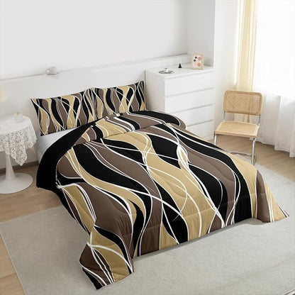 Erosebridal Aesthetic Modern Comforter Set King Abstract Artwork Bedding Set, Black Geometric Bedding Comforter Sets Brown Stripe Duvet Sets, Lightweight Soft Cozy Quilted Comforter with 2 Pillow Case