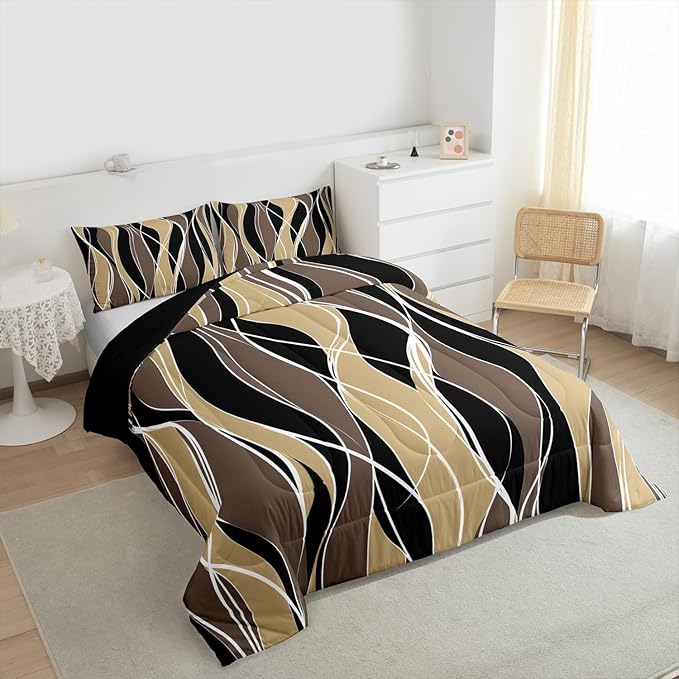 Erosebridal Geometric Bedding Twin Black Brown Stripe Comforter Set, Modern Abstract Bedding Comforter Sets Duvet Set, Ultra Soft Breathable Lightweight Quilted Comforter 2-Piece Yellow White