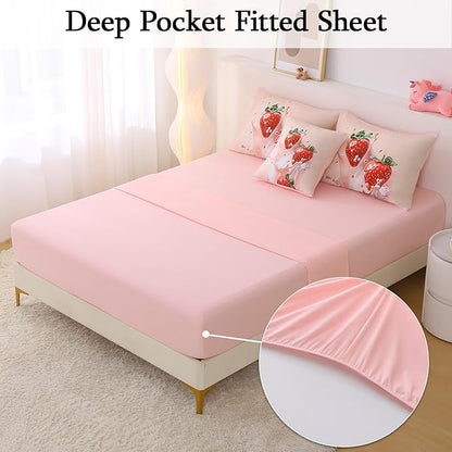 JQinHome Full Strawberry Themed Comforter Sets for Girls,6 Piece Bed in A Bag - All Season Soft Microfiber Strawberry Bedding Set, with Sheet Sets