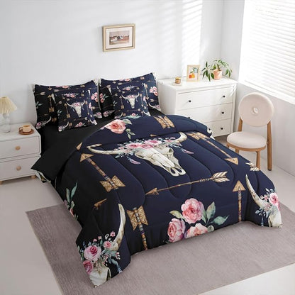 Erosebridal Bull Skull 7 Piece Bedding Set King Boho Comforter Set with Sheets Arrows Pink Rose Feather Aztec Bed in a Bag Mysterious Tribal Style Colorful for Teens Men Women