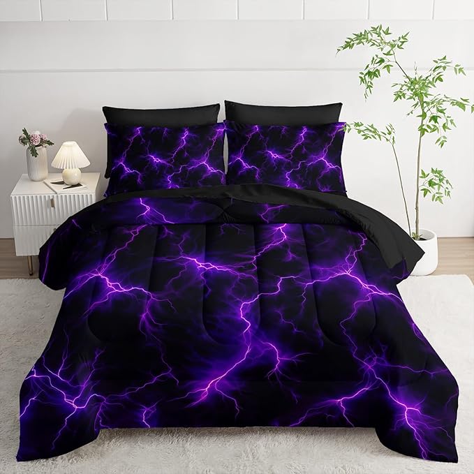 Violet Lightning Comforter Set Twin Thunder Bedding Sets 7PCS,Purple LightLight 7 Piece in A BagLight Violet Lightning Bedding Set 7 Piece in A Bag,Bed Sheet Set Abstract Decor All Seasons