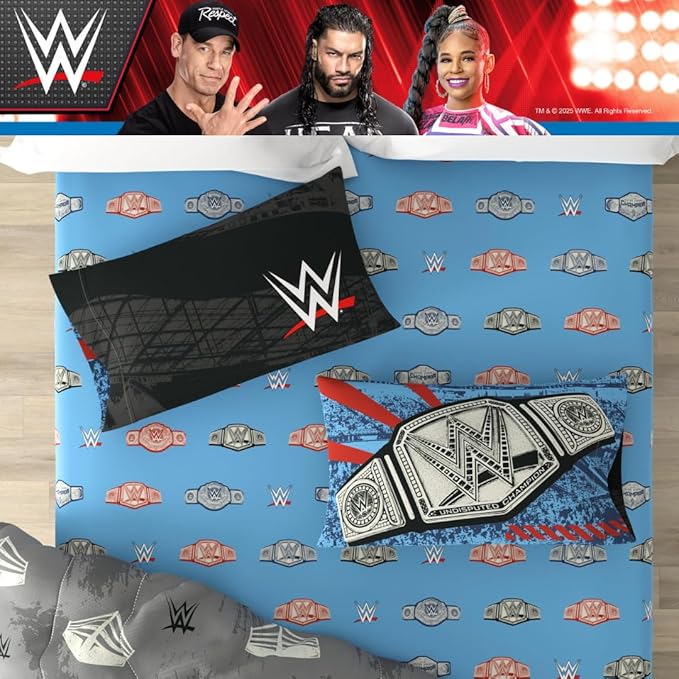 WWE Wrestling Twin Bedding Set – 4 Piece Super Soft Microfiber Reversible Comforter & Sheet Set Featuring Championship Belts (Officially Licensed Product) by Franco