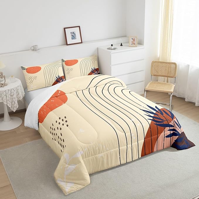 Retro Minimalism Bedding Twin Hippie Modern Comforter Set, Mid Century Bedding Comforter Sets Abstract Art Duvet Insert, Geometric Lines Stripes Down Comforter Red Sun Print Bedroom Decoratives
