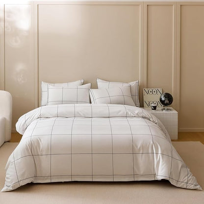 KAREVER White Grid Comforter Queen Women Black Square Lines Checkered Bedding Set Queen White Plaid Comforter Queen Size