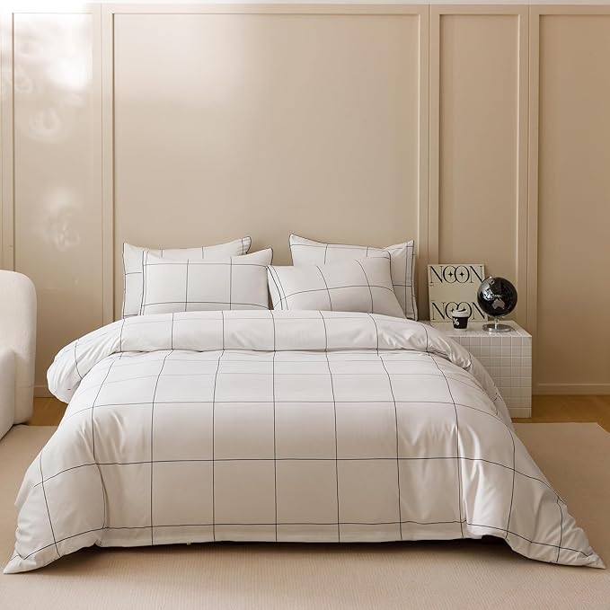 CLOTHKNOW White Plaid Queen Comforter Set Grid Bedding Comforter Sets All Season Big Checker Comforter Queen Size with 2 x Pillow Cases