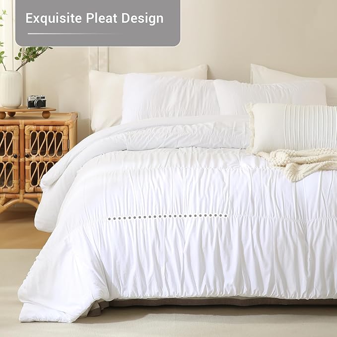 Lady Ann Queen Size Comforter Sets White Ruched Bedroom Sets, Fluffy Bedding Comforter Sets, Ultra Soft & Luxurious All Season Bed Sets for Women Men, 3pcs