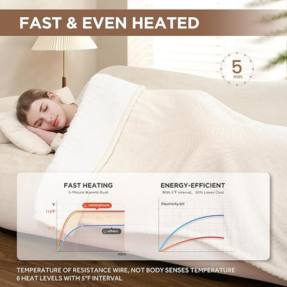 Westinghouse Electric Throw Blanket, Flannel Sherpa Heated Throw with 6 Heating Levels and 2-10 Hours Auto-Off, Flower Jacquard Heated Blanket, Fast Heating & ETL Certification, 50" x 60" Inch, Beige