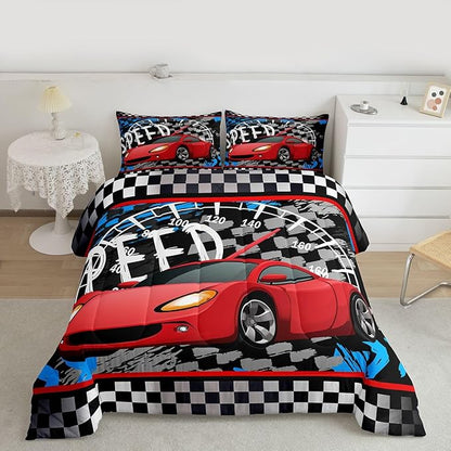 Feelyou Boys Race Car Bedding Set Cool Race Sports Car Set Comforter Set for Kids Boys Sports Duvet Set Checkered Comforter Red 1 Comforter Set with 2 Pillowcases King Size Boys