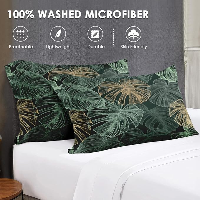 Queen Size Comforter Set with 2 Pillowcases, Green Tropical Leaves 3 Pcs Bedding for Kids and Adults, Monstera Palm Leaf Soft Comforter Set for Bedroom Bed Decor