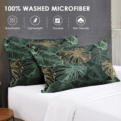 King Size Comforter Set with 2 Pillowcases, Green Tropical Leaves 3 Pcs Bedding for Kids and Adults, Monstera Palm Leaf Soft Comforter Set for Bedroom Bed Decor