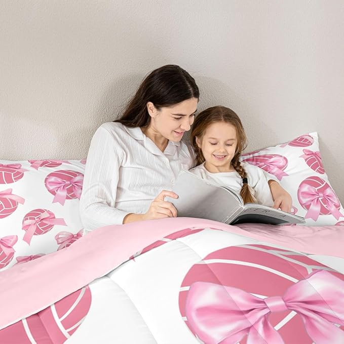Bowknot Volleyball Comforter Set King Size,Pink Bow Knot Print Bedding Sets 3Pcs for Kids Girls Women Room Decor,Ball Sport Games Theme Quilted Duvet Cute Cartoon Girly Down Comforter,2 Pillowcases
