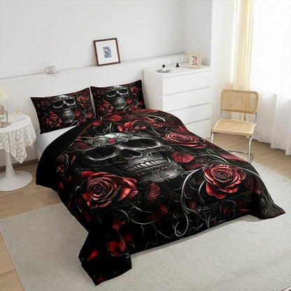 Erosebridal Adults Gothic Comforter Set Bohemian Boho Goth King Bedding Set Vintage Horror Skull Bed Sets Red Rose Baroque Victorian Romantic Rose Duvet Insert,Halloween Gothic Bedroom Decor