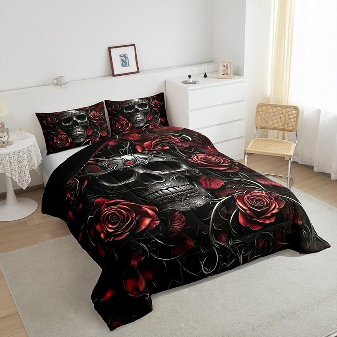 Erosebridal Adults Gothic Comforter Set Bohemian Boho Goth Bedding Full Size Vintage Horror Skull Bed Sets Red Rose Baroque Victorian Romantic Rose Duvet Insert,Halloween Gothic Bedroom Decor