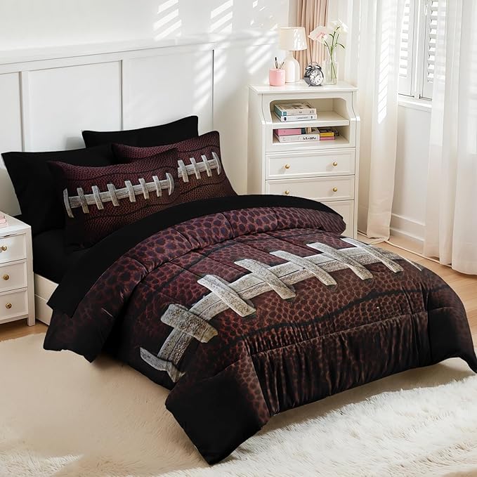 Nesker 7 Pcs Comforter Set Queen Size, Sports Ball Bedding Set for Kids and Adults, Boy Rugby Brown Sheets Bed Sheet Sets with Fitted Sheet 2 Pillowcases & 2 Shams