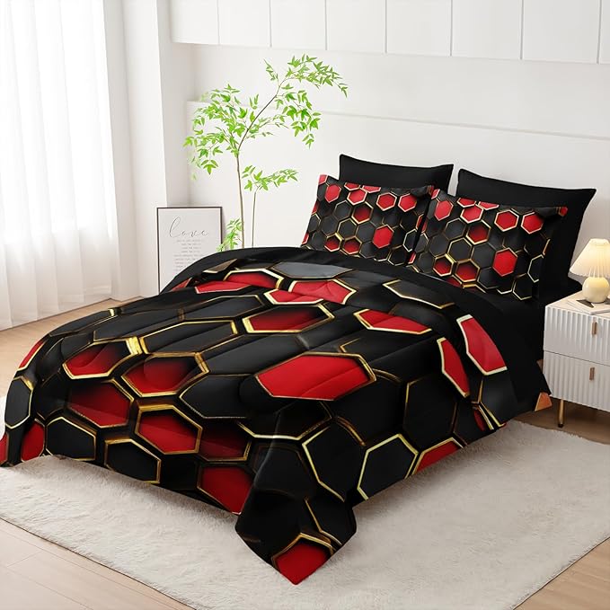 7 Piece Red and Black Comforter Set Queen Checkered，Queen Size Checkered Bedding Set，(1 Comforter, 1 Flat Sheet, 1 Fitted Sheet, 2 Pillowcase and 2 Pillow Sham)
