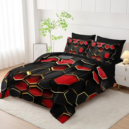 7 Piece Red and Black Comforter Set Queen Checkered，Queen Size Checkered Bedding Set，(1 Comforter, 1 Flat Sheet, 1 Fitted Sheet, 2 Pillowcase and 2 Pillow Sham)