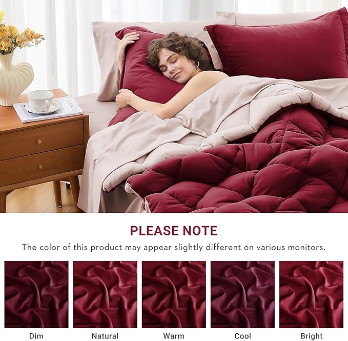 MUXHOMO 5 Pieces Twin XL Comforter Set, Reversible Bed in a Bag Twin XL Size, All Season Bedding Set with Comforter, Flat Sheet, Fitted Sheet, Pillowcases & Shams, Burgundy & Rose Gold