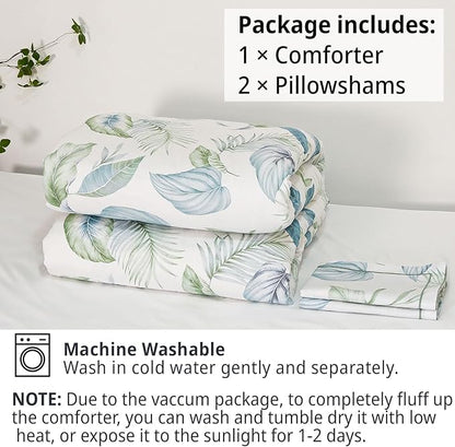 Botanical Cotton Comforter King Size - Sage Green Comforter Printed with Leaves & Ferns on White,Reversible Light-Weight Bedding Sets 3Pcs(Leaves,104"×90")