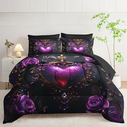 7 Piece Heart Comforter Set Full Purple，Flower Heart Pattern Full Bedding Set，(1 Comforter, 1 Flat Sheet, 1 Fitted Sheet, 2 Pillowcase and 2 Pillow Sham)
