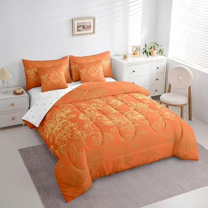 Erosebridal Gothic Damask Bed in a Bag King Size Comforter Set 7 Pieces,Sun Moon Tree of Life Bedding Sets Orange and Yellow Victorian Floral Goth Sheet Set with Comforter