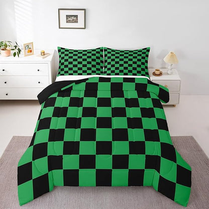 Feelyou Checkered Bedding Set Teen Women Men Green Black Plaid Comforter Set Queen Size Kids Boys Girls Cute Retro Neutral Checkerboard Geometric Duvet Insert Vintage Aesthetic Room Decor