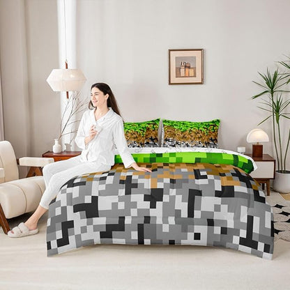 Pixelated Miners Gaming Bedding Sets Full Size,Green Brown Grey 7pcs Comforter Set Kids Boys Teens Room Decor,Geometric Block Flat + Fitted Sheet Construct Theme Games 2 Cushion Cover,2 Pillowcase