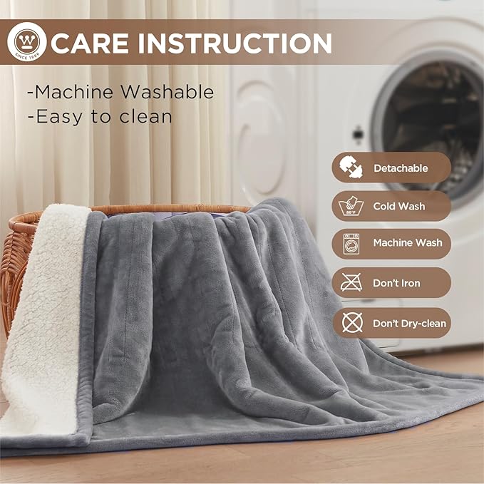 Westinghouse Heated Blanket Full Size, Soft Flannel to Sherpa Electric Blanket with 10 Heating Levels, 12 Hours Auto Off, Fast Heating Warming Blanket, Machine Washable, 72x84 Inch, Light Grey