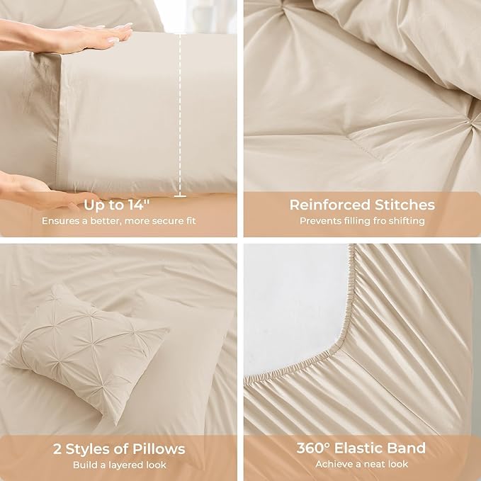 Sasttie Queen Comforter Set, 7-Piece Bed in a Bag, Pintuck Bedding Sets for All Season, Includes Comforter, Flat Sheet, Fitted Sheet, Pillowcases and Pillowshams, Warm Beige