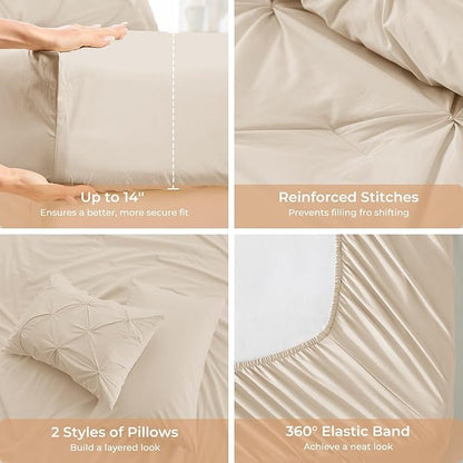 Sasttie Twin XL Comforter Set, 5-Piece Bed in a Bag, Pintuck Bedding Sets for All Season, Includes Comforter, Flat Sheet, Fitted Sheet, Pillowcase and Pillowsham, Warm Beige