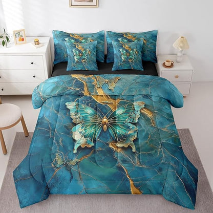 Erosebridal 7 Piece Boho Butterfly King Bedding Sets for Girls Women,Teal and Gold Marble Comforter Set Reversible,Gradient Abstract Bed in a Bag with Fitted Sheet,Flat Sheet,Pillowcases & Shams