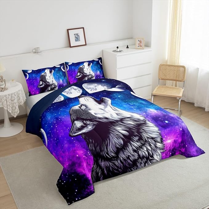 Erosebridal Howling Wolf Down Comforter Blue Purple Starry Sky Bedding Set Twin Size,Galaxy Series Comforter Set for Child Teens Youth Man,Stars Moon Bed Quilt Wild Animal Themed Room Decor
